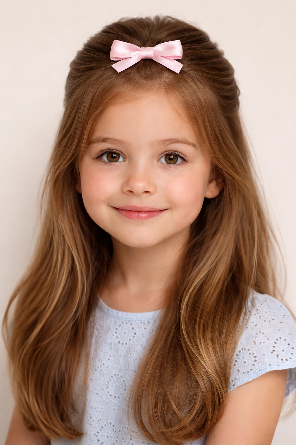 Close-up of a child’s hairstyle, classic half-up with a small satin bow, front view