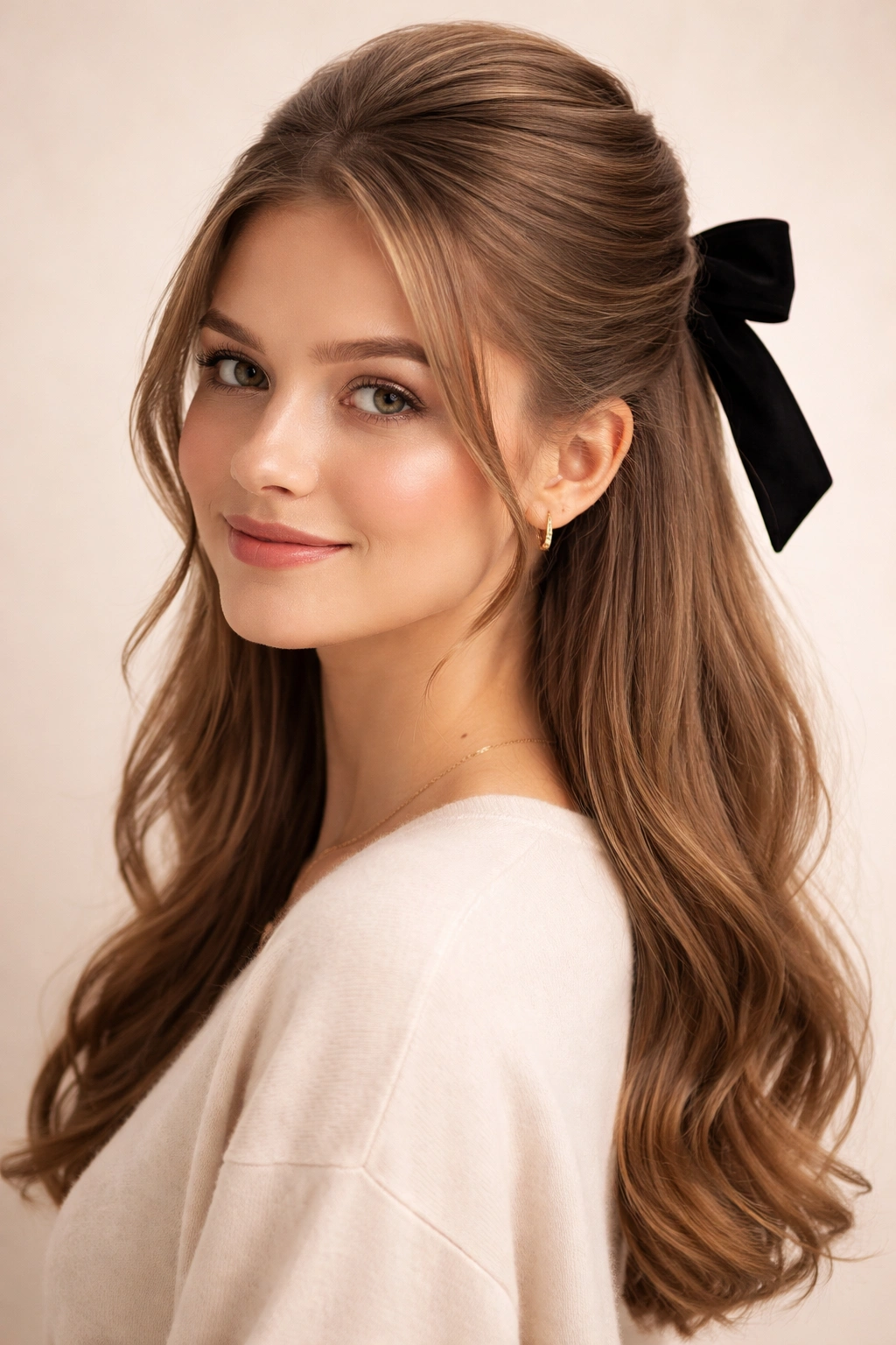Half-up hairstyle with bow accessory