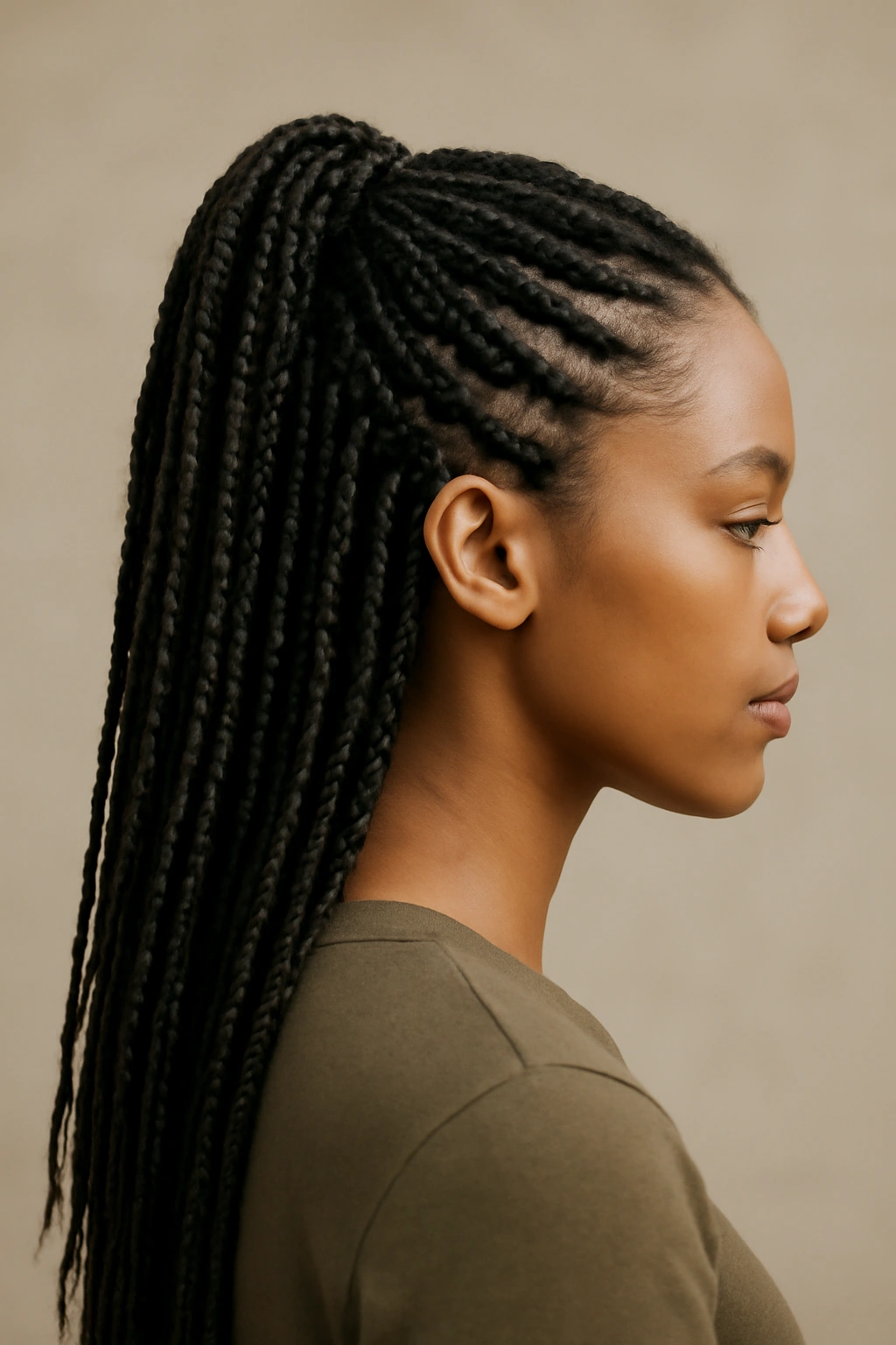 18 Box Braid Styles You'll Want to Show Your Braider 15 Side view of half-up half-down box braids with a top ponytail