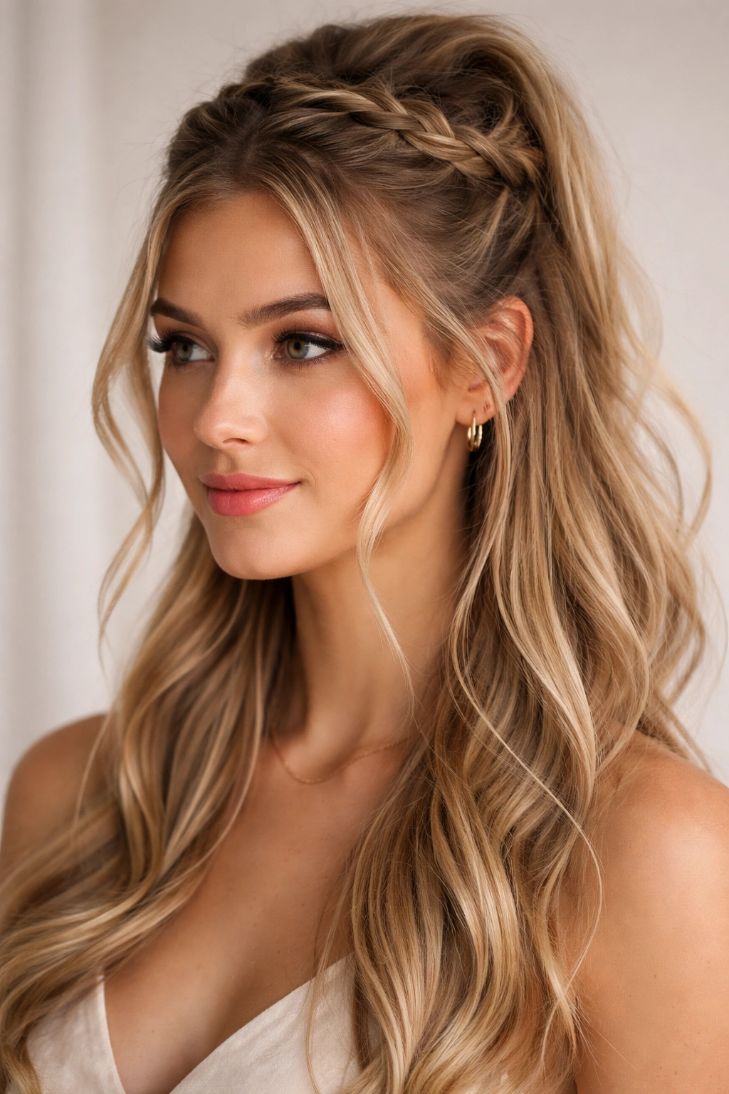 Close-up of a high half-up braid with face-framing pieces on a neutral backdrop