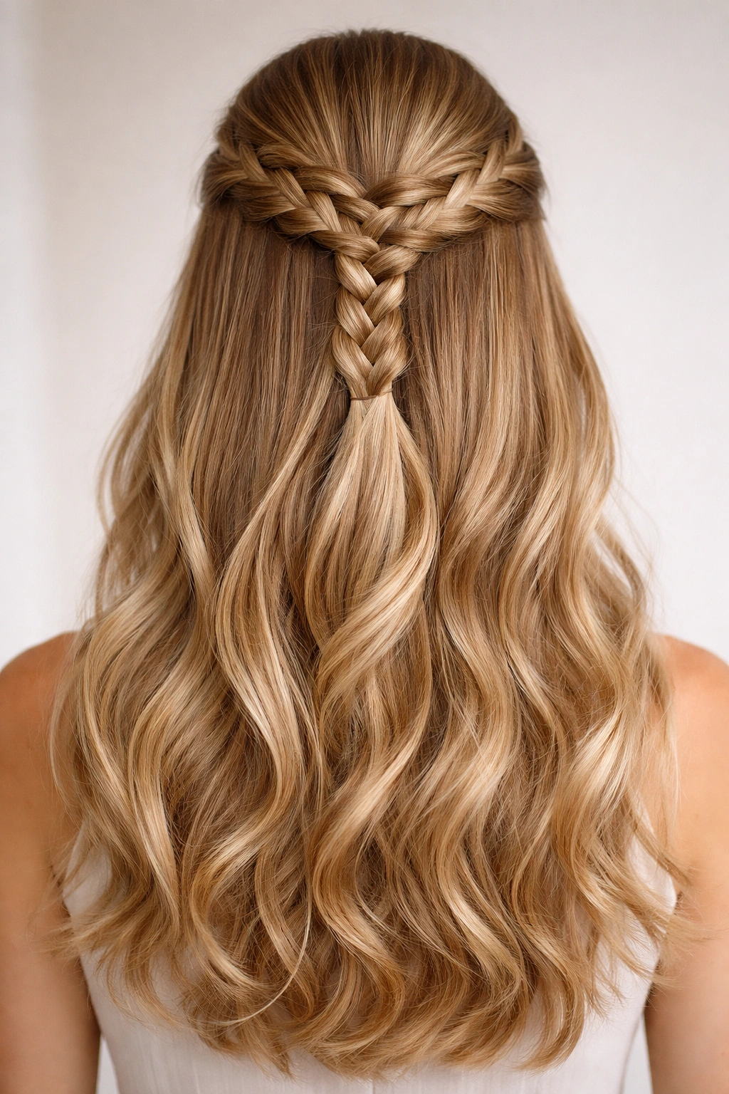 Front view of half-up braid with top braid and loose waves