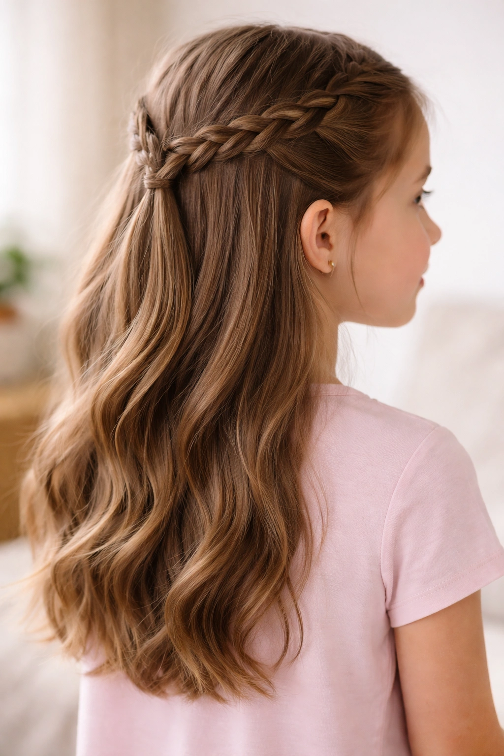 Child's head with a crown half-up braid and flowing hair; school-ready look.