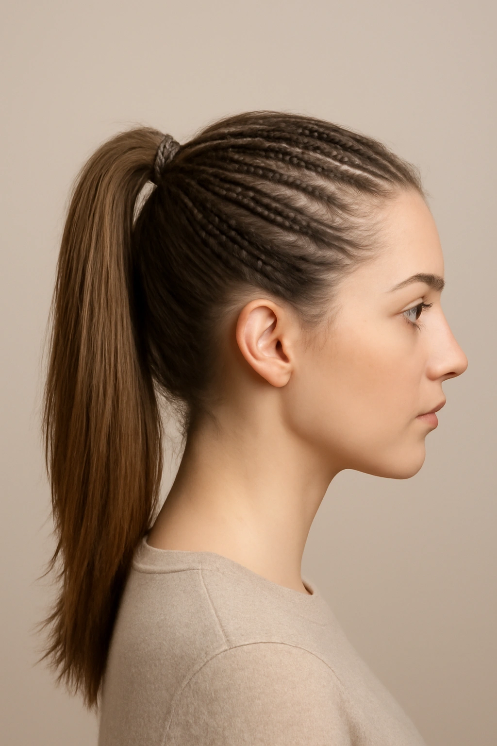 Half-up micro braid ponytail with crown braids forming a high ponytail
