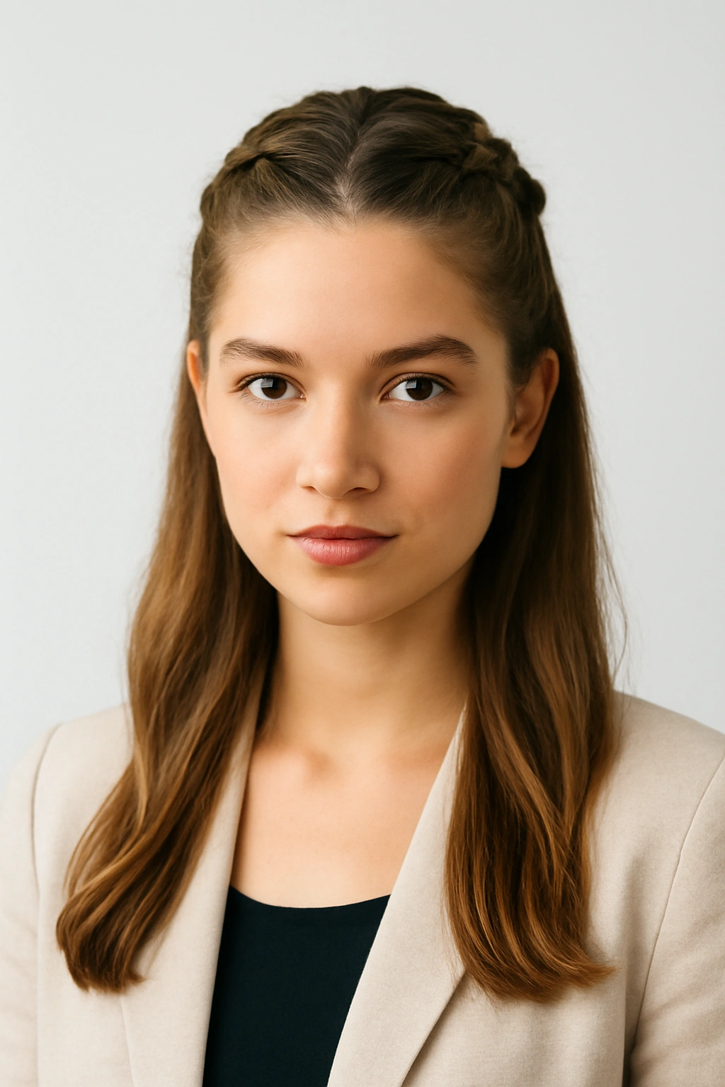 Half-up braid with top braided and bottom hair down for a polished look