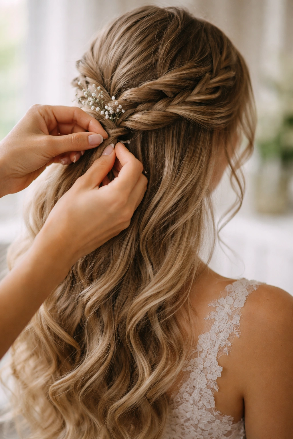 Hands styling a bride's half-up braid with pins