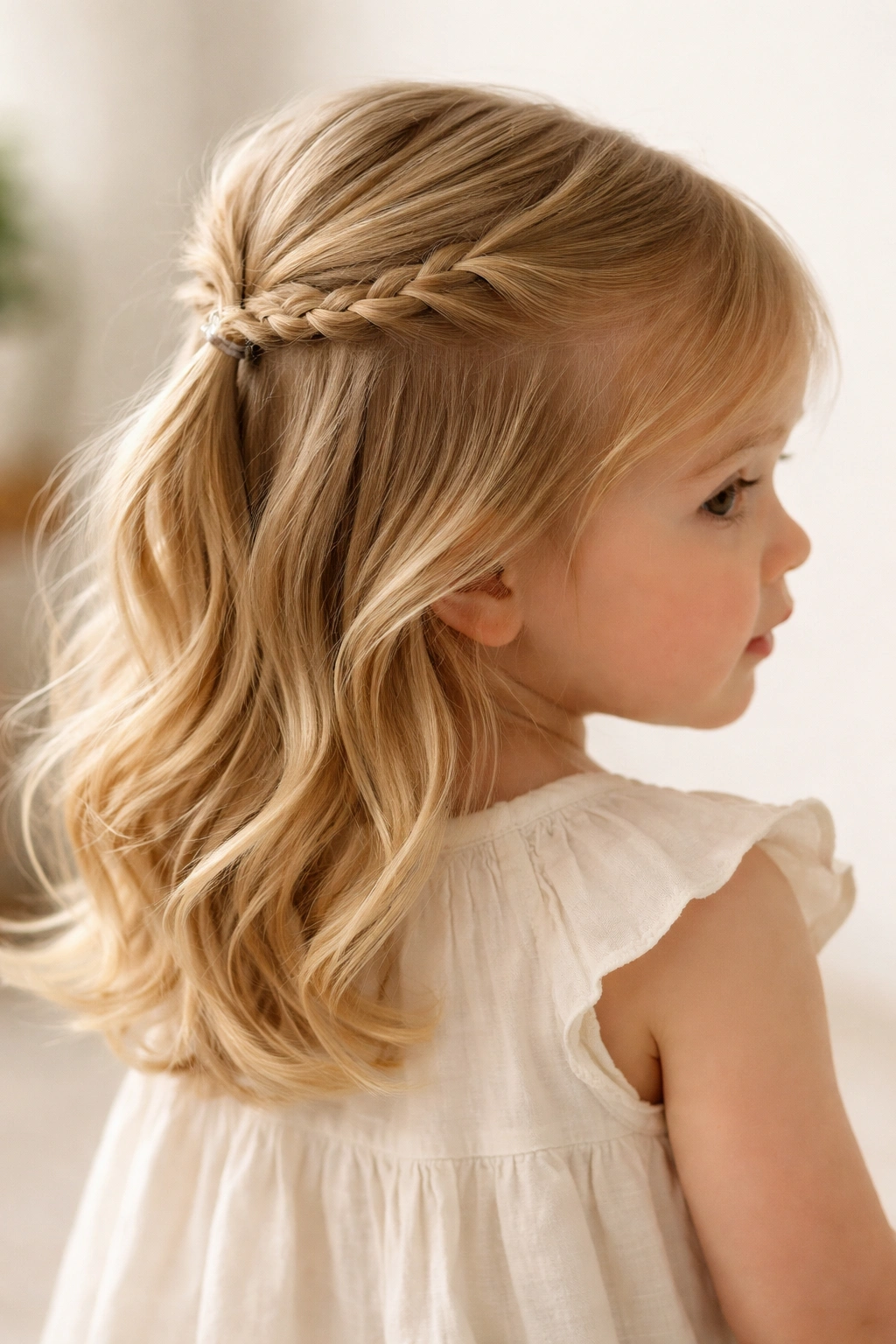 Close-up of a toddler with a half-up braid at the crown and loose hair
