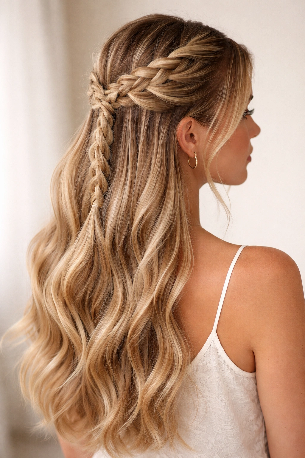 Half-up braid at the crown with loose waves cascading below