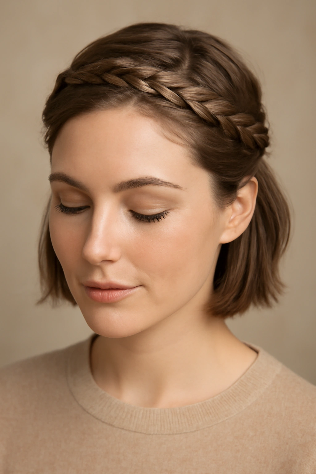 Wrapped half-up crown braids on short hair