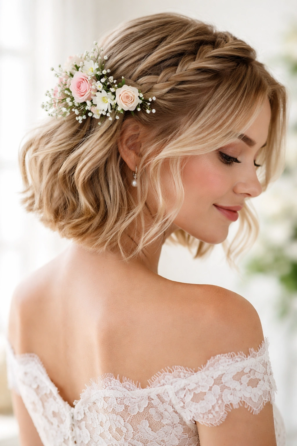 Half-up braided hairstyle with fresh flowers woven into the braid