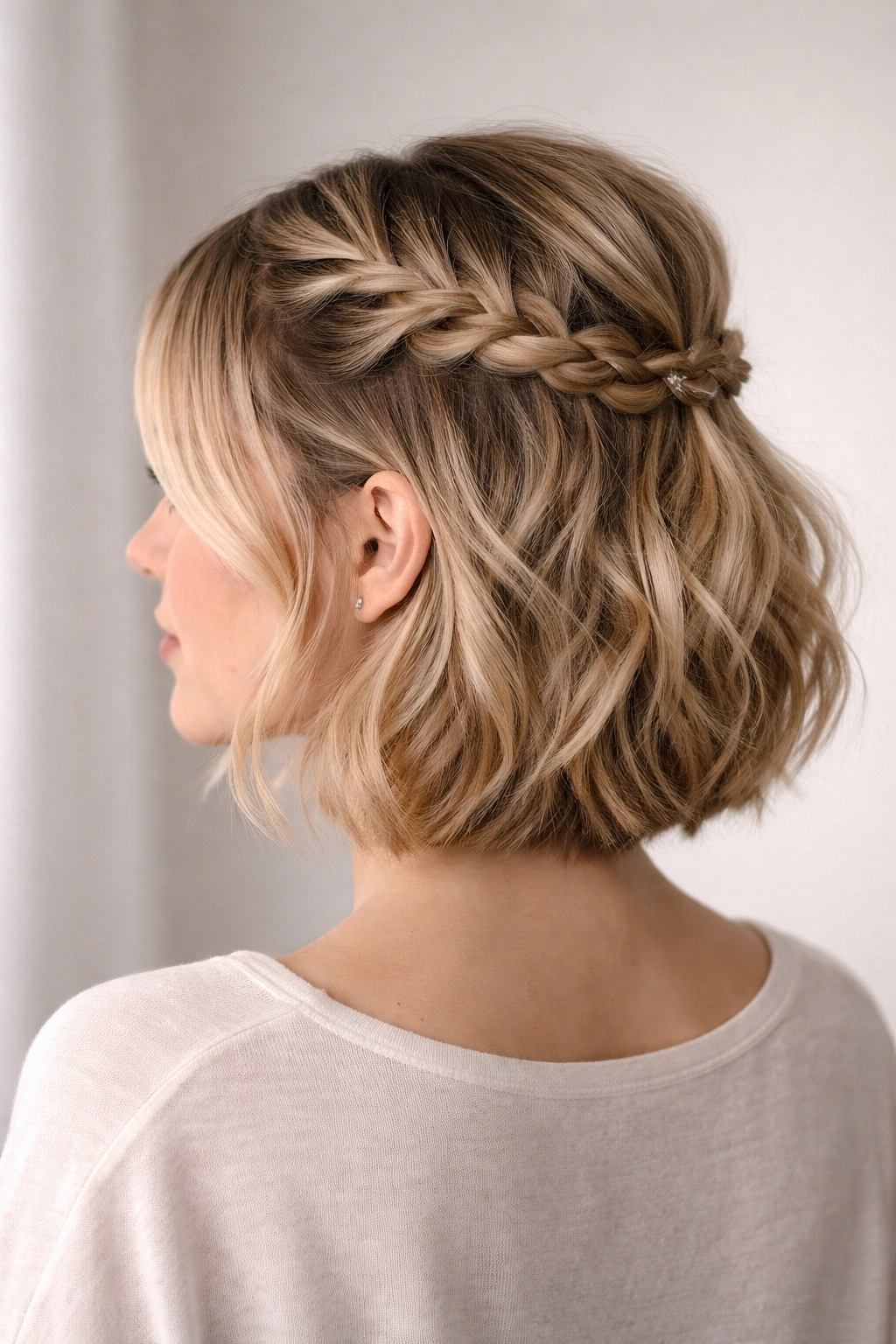 Half-up hairstyle with a braided crown on short hair