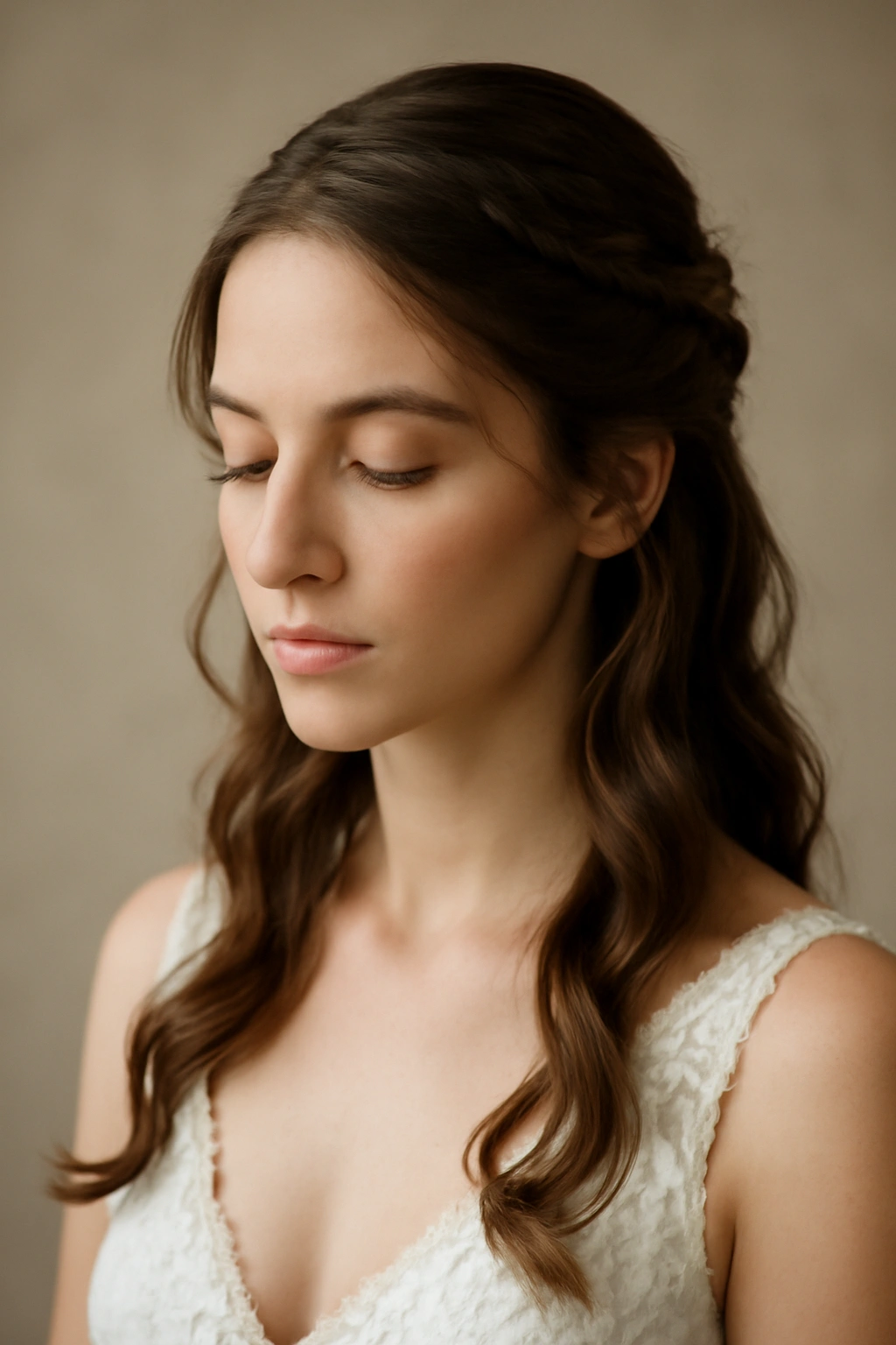 8 Half-Up Braided Styles That Were Made for Weddings 14 Close-up of a bride with a half-up braided hairstyle in soft studio lighting