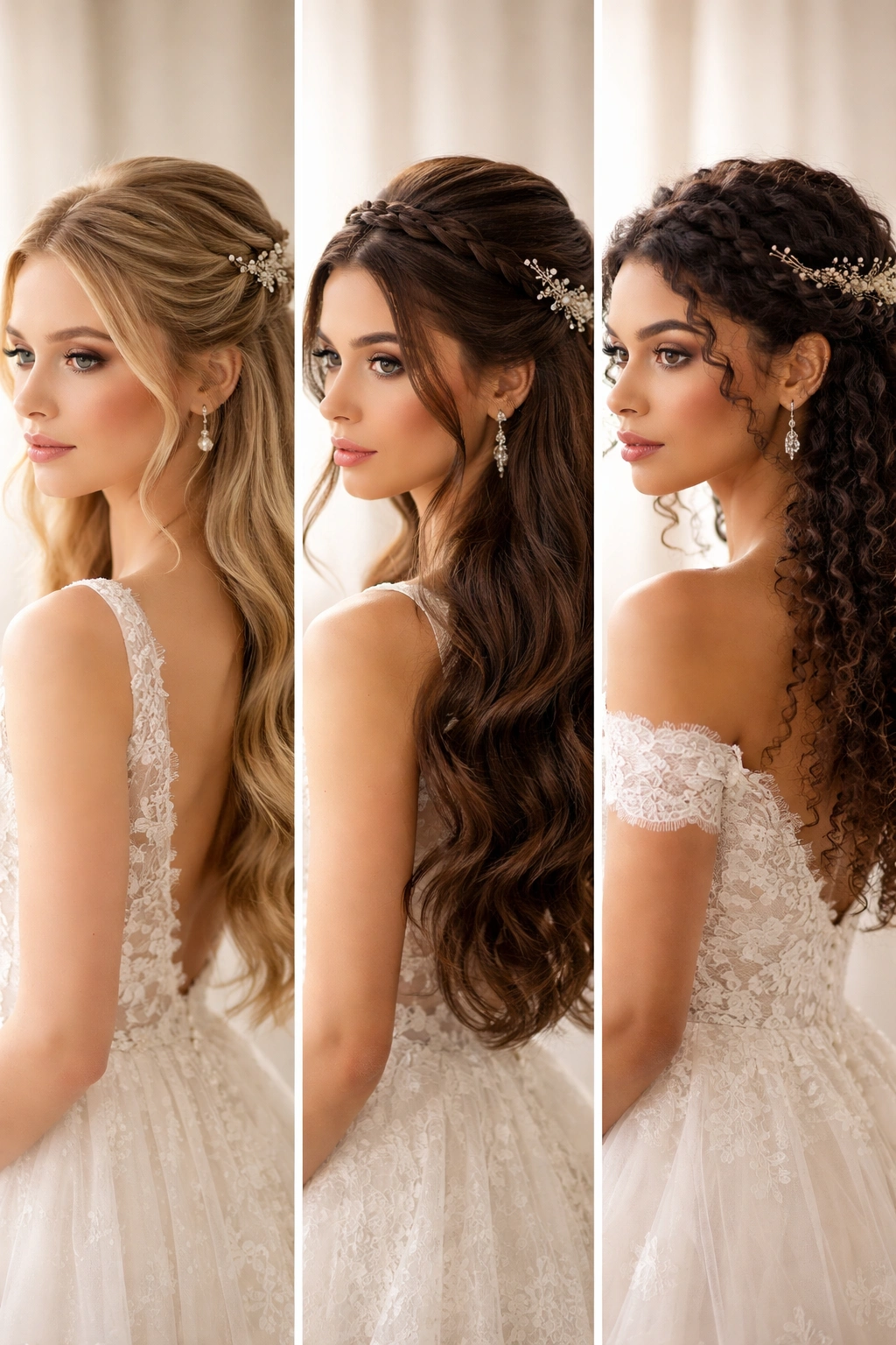 Three brides with half-up braids on different hair types