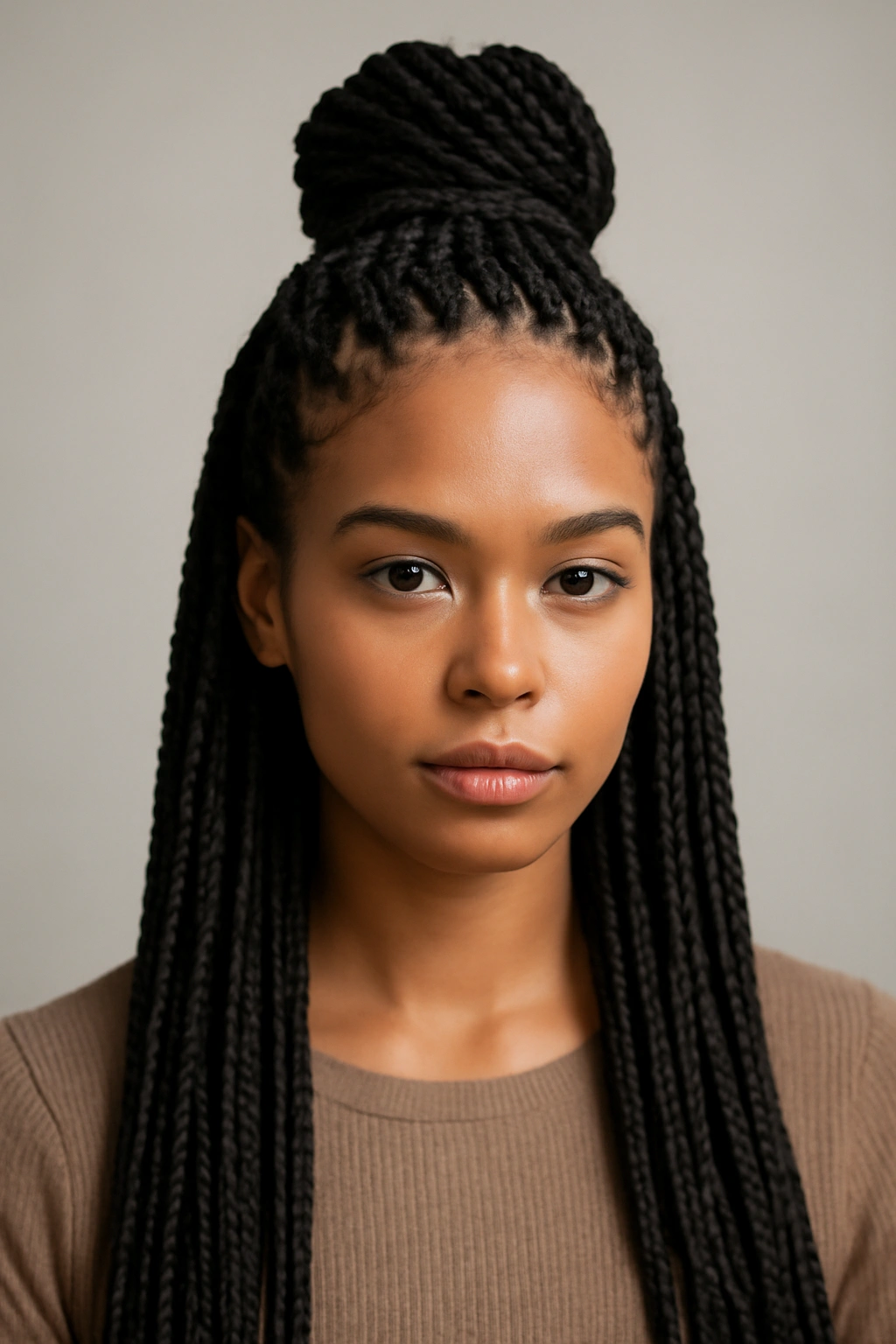 Half-up box braids with top section styled into a bun