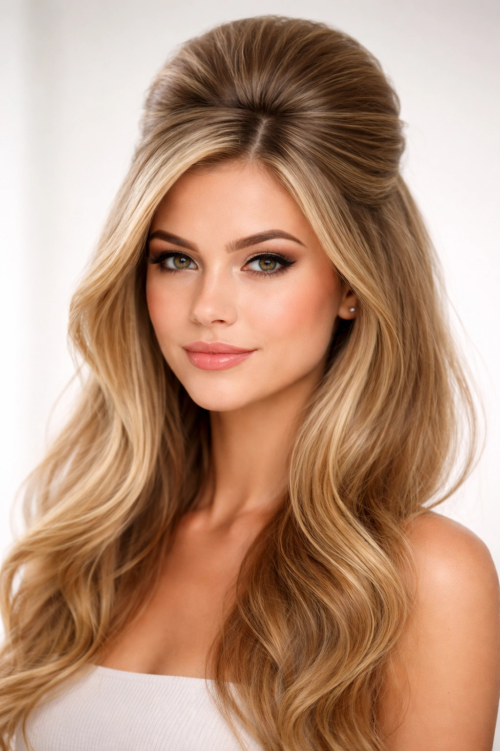 Half-up bump hairstyle with crown lift and downed hair