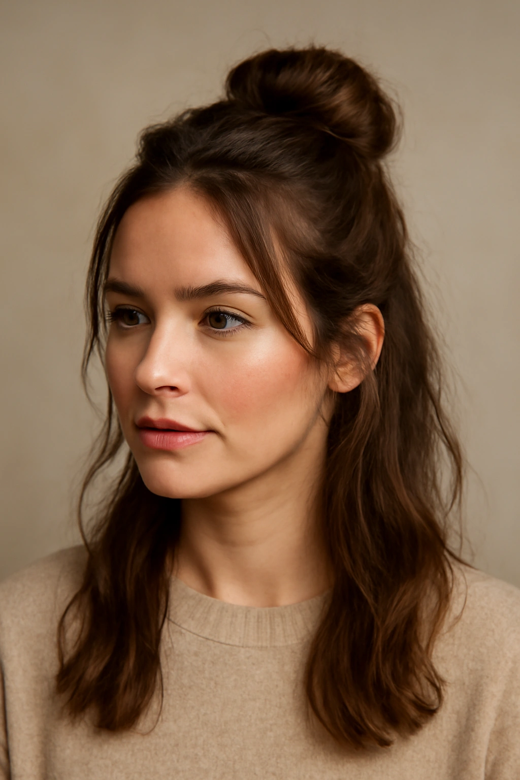 Close-up of a classic half-up bun with wispy face-framing pieces