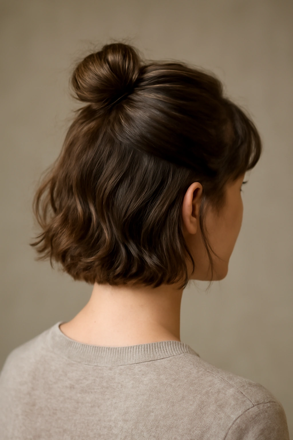 10 Half Up Styles for Short Hair You Can Try Today 2 Three-quarter rear view of short hair with a textured half-up bun