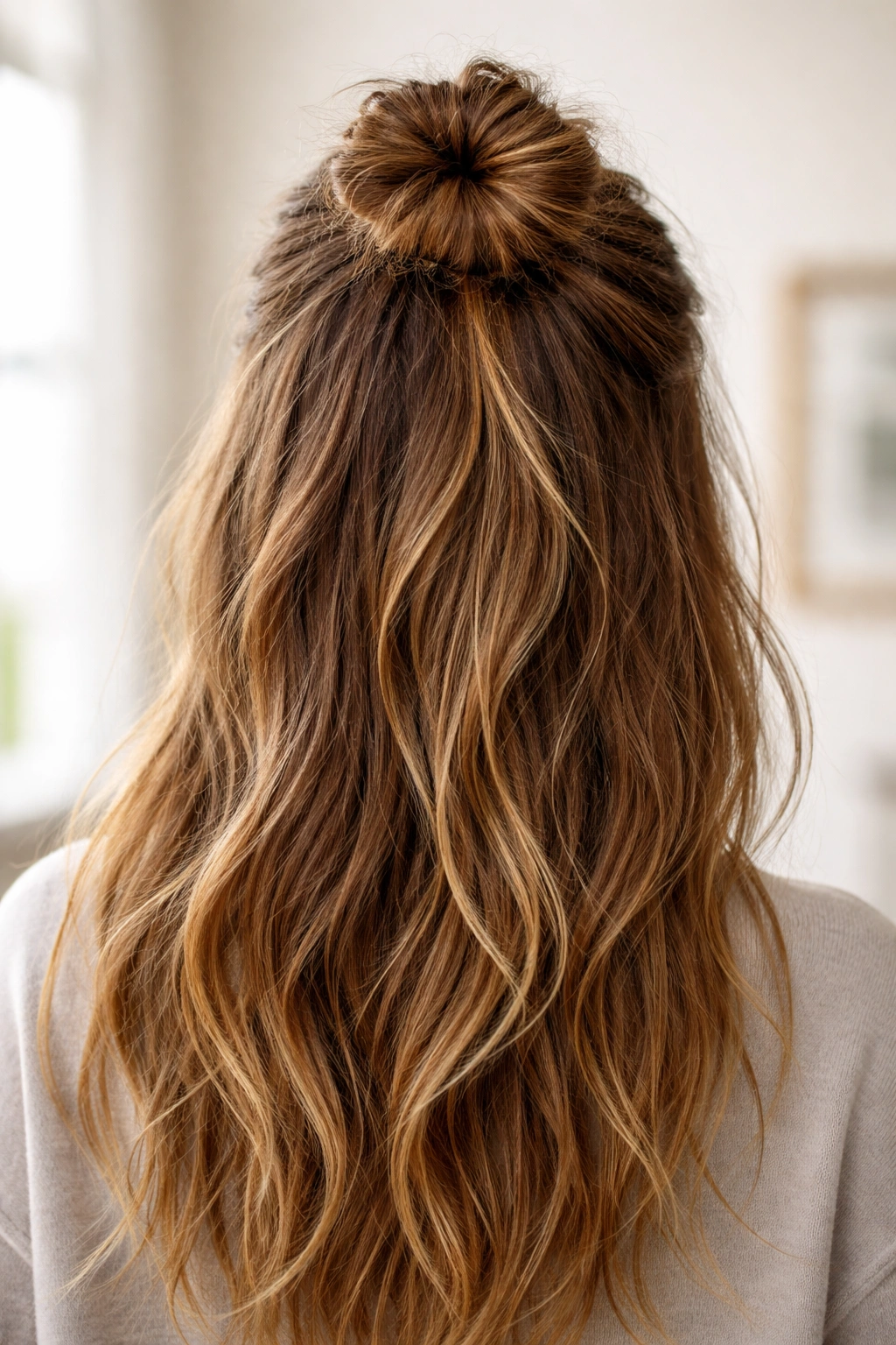 Half-up bun with textured top and loose bottom hair