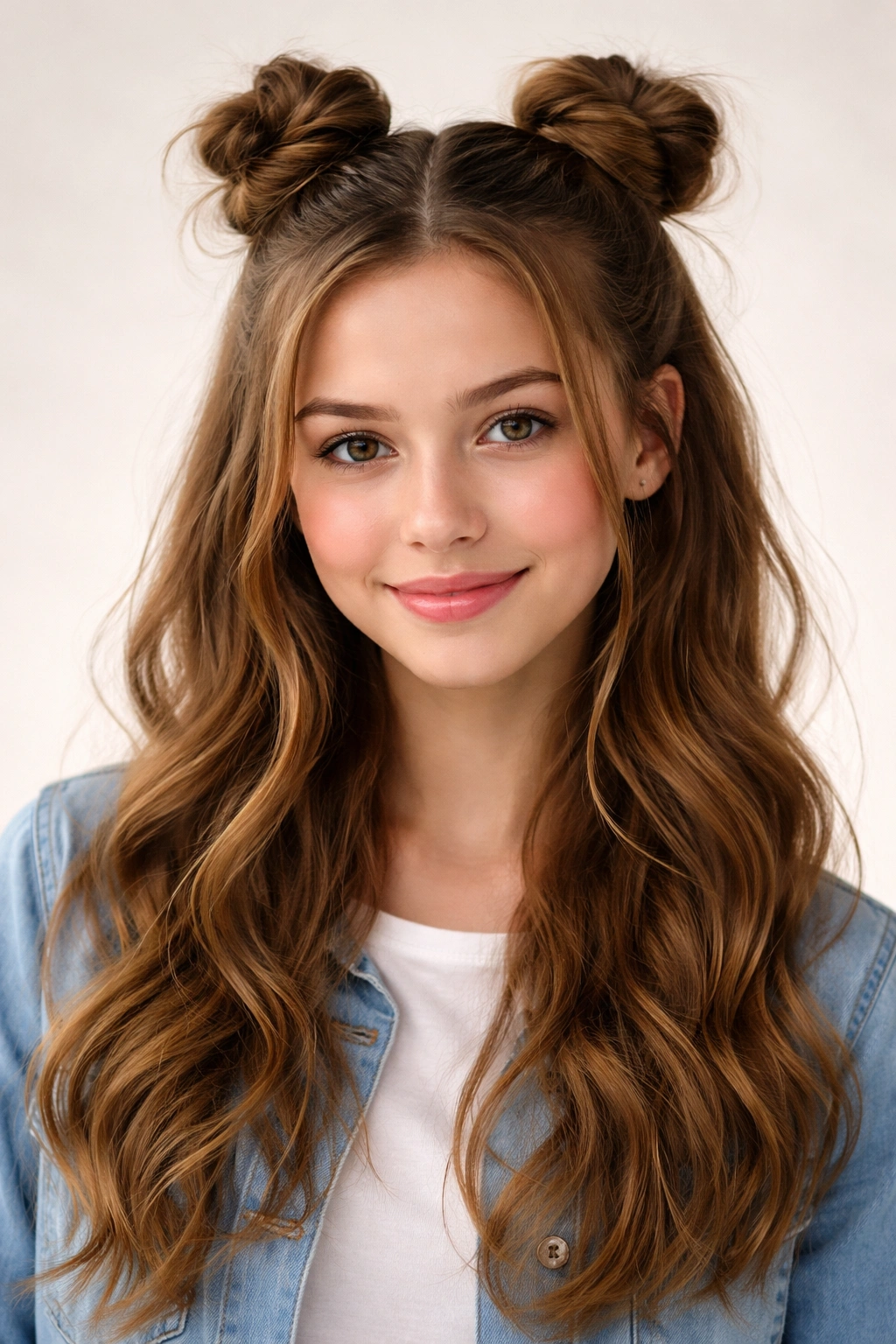 Teen girl with half-up space buns and loose waves, hairstyle close-up