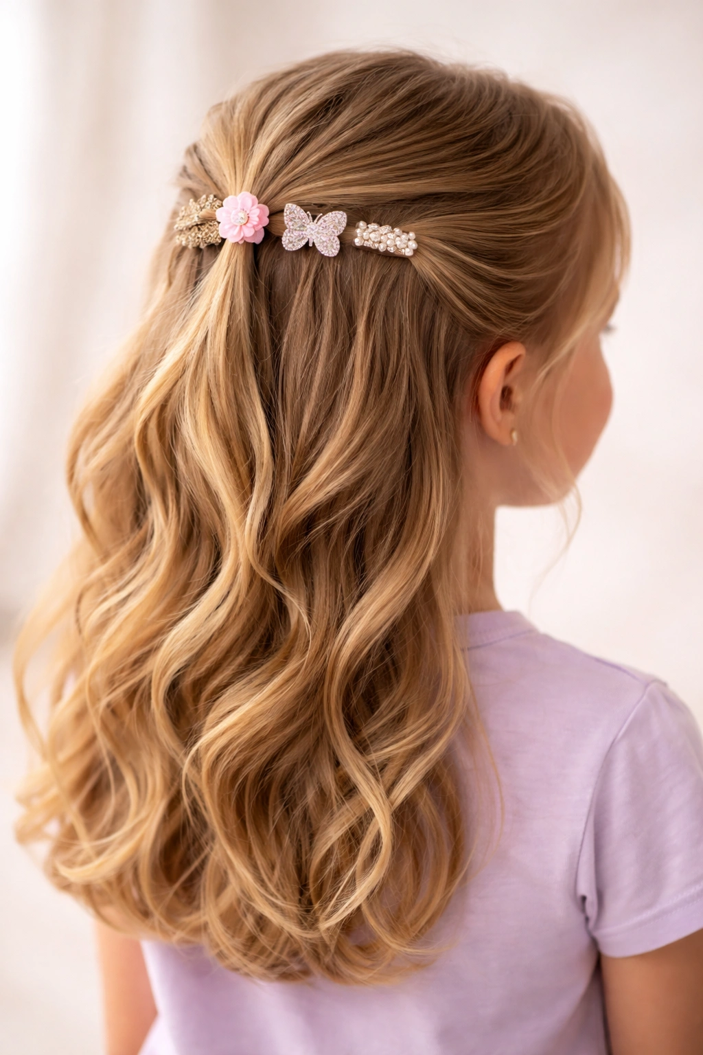 Half-up hairstyle showing top section secured with decorative clips