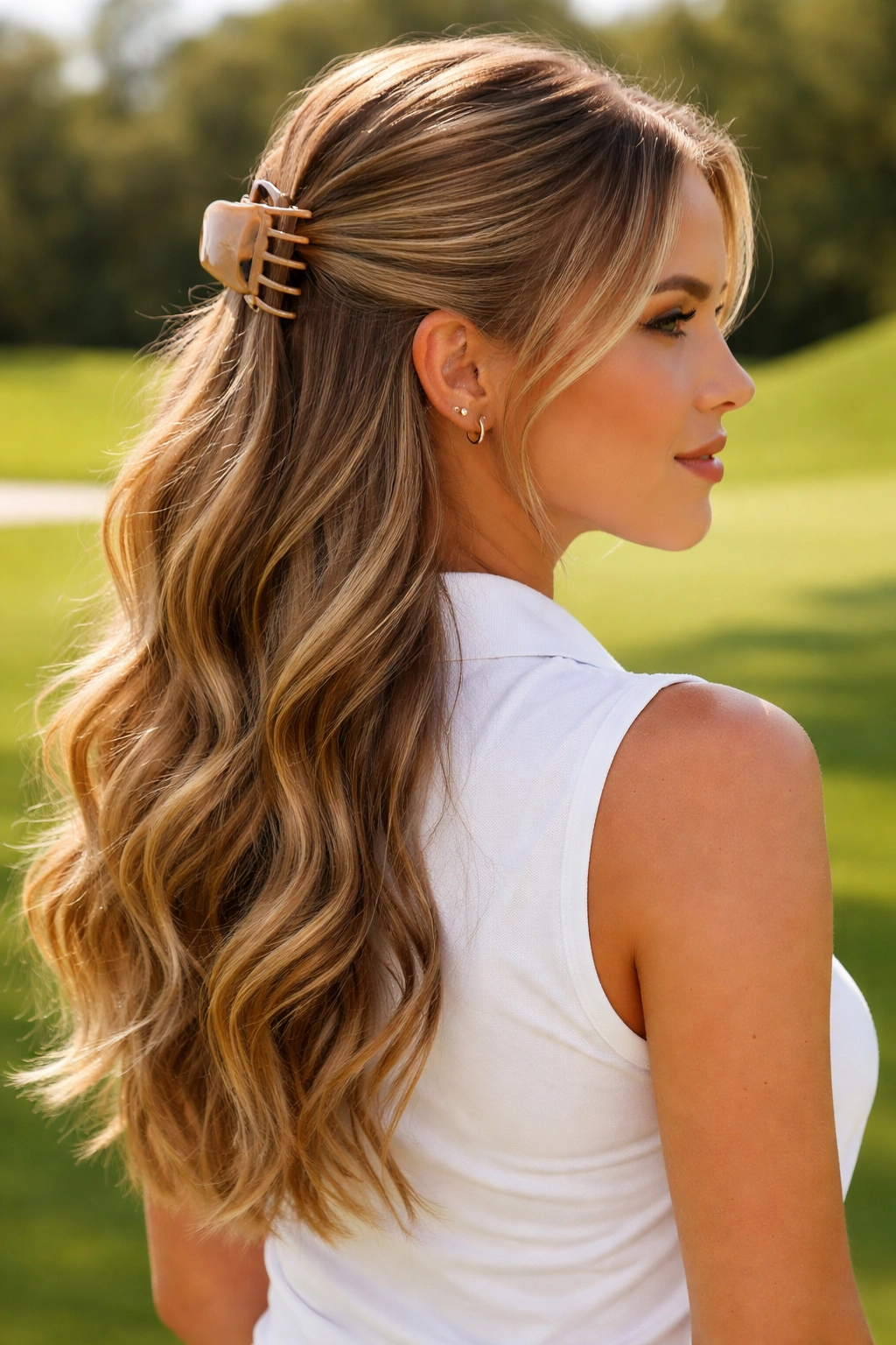 Half-up half-down hairstyle secured with a bold clip on a golfer at the course
