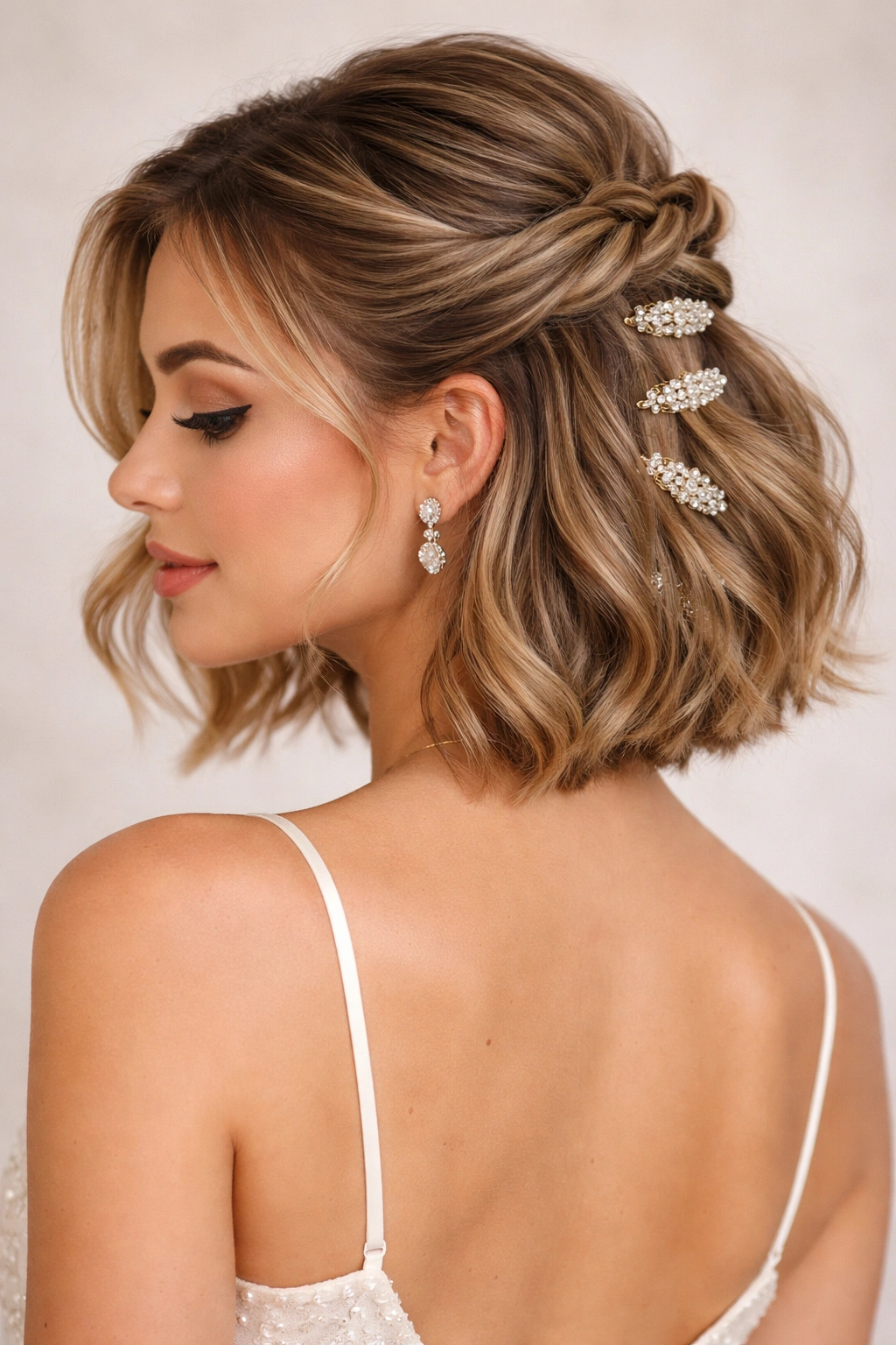Half-up hairstyle with cascading decorative clips along the back.