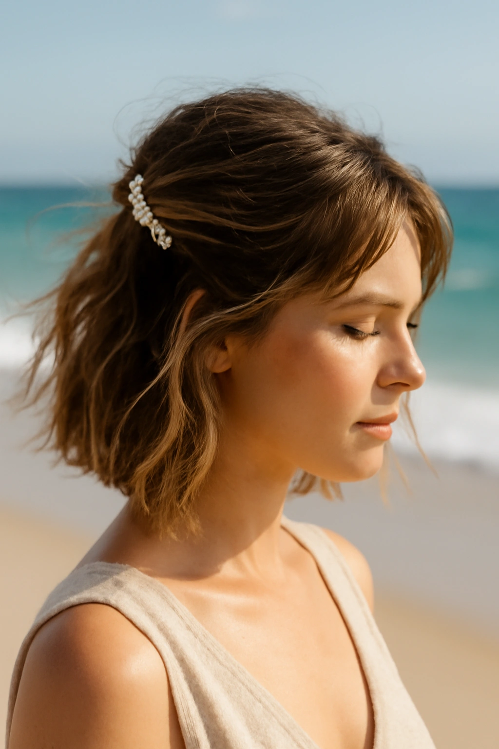 10 Beach Vacation Hairstyles for Short-Haired Women 4 Half-up hairstyle with pearl clip on short hair at the beach