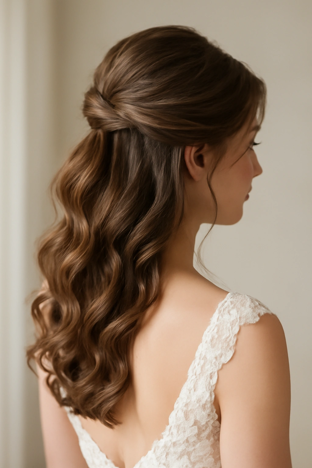 Close-up of romantic half-up with curls bridal hairstyle
