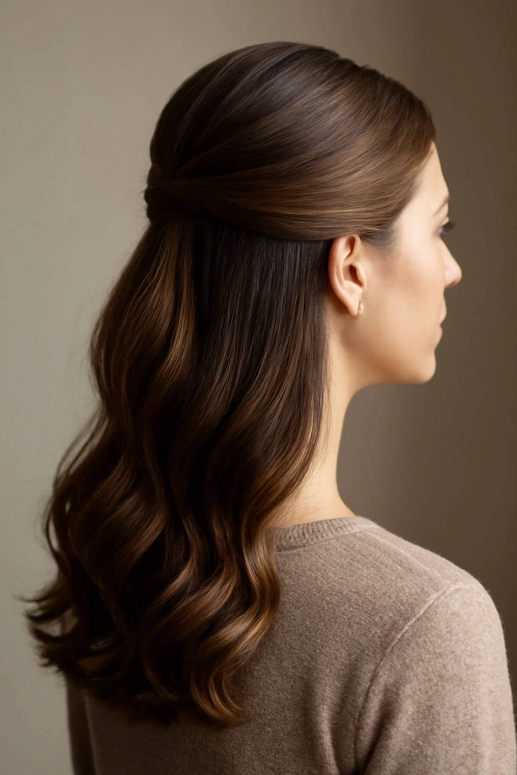 Half-up hairstyle with curled ends and flowing waves