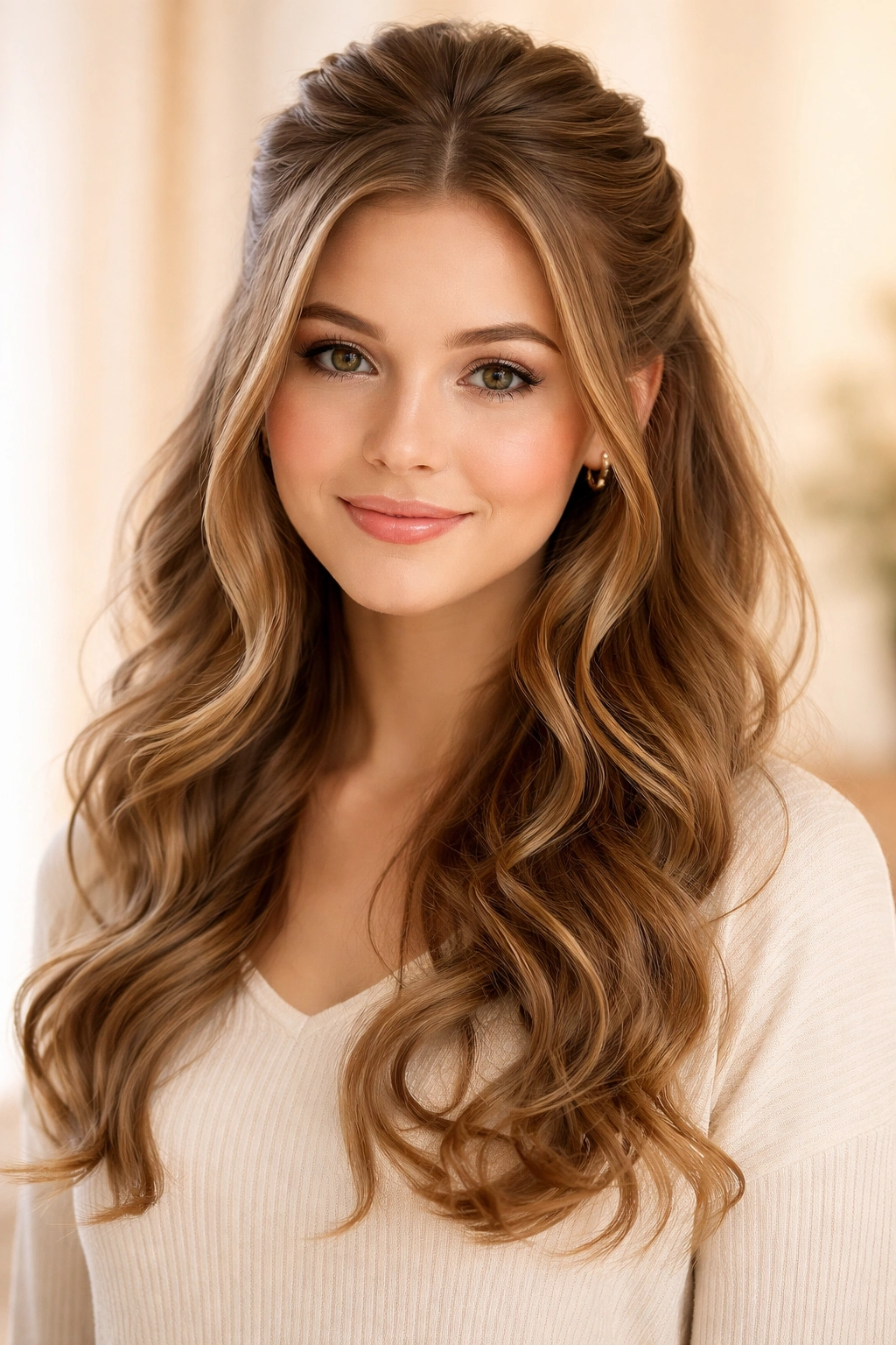 Half-up half-down hairstyle with curls and face-framing movement
