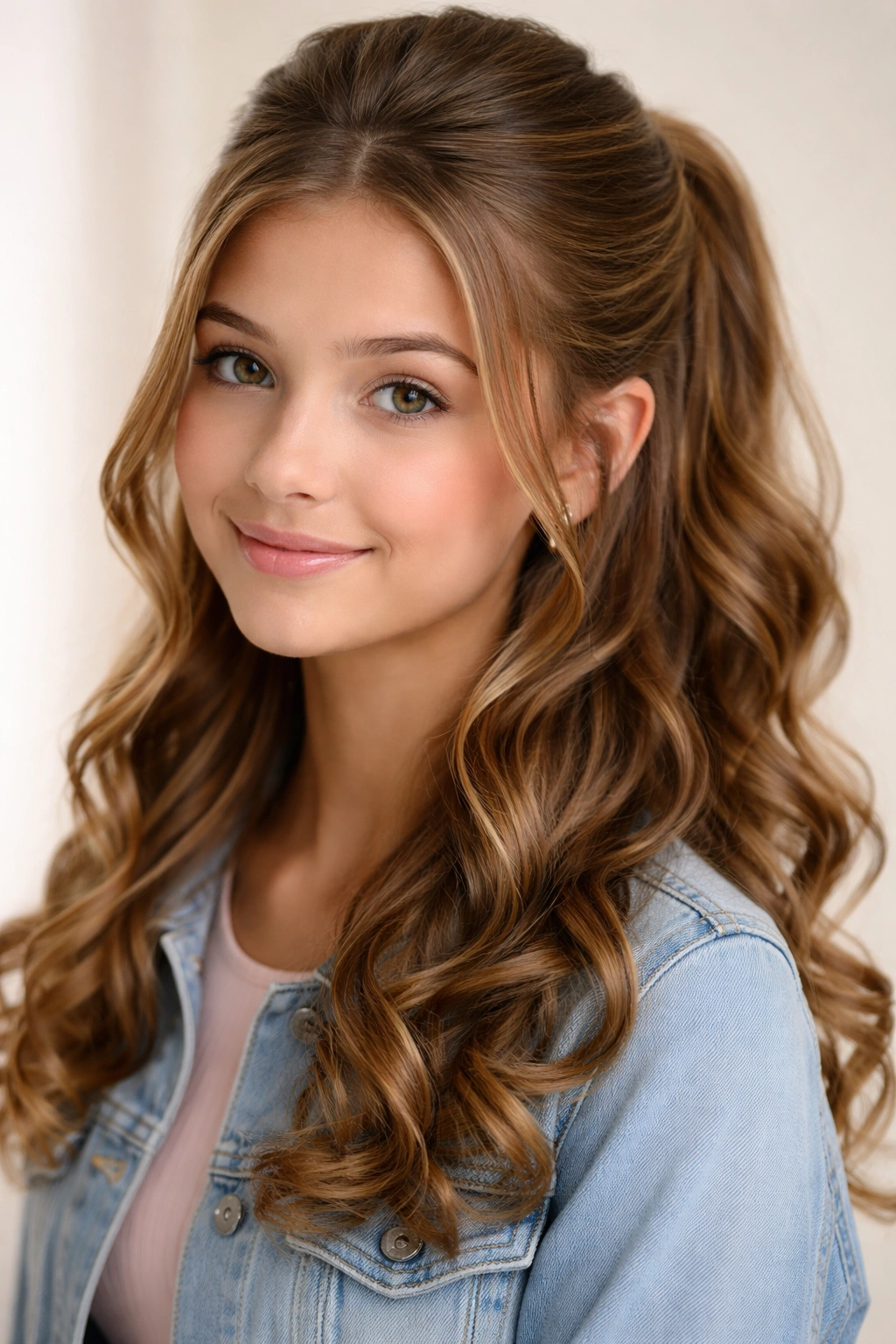 Half-Up Half-Down curls hairstyle on teen girl with top section pinned back and loose curls