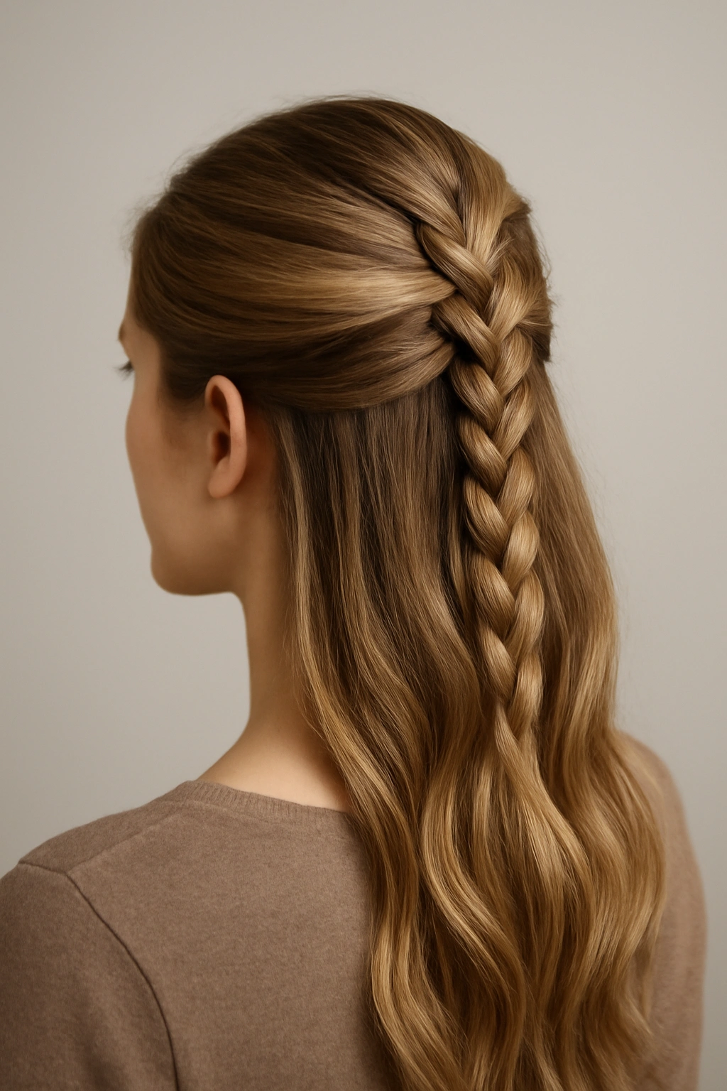 Side-back view of half-up Dutch braid