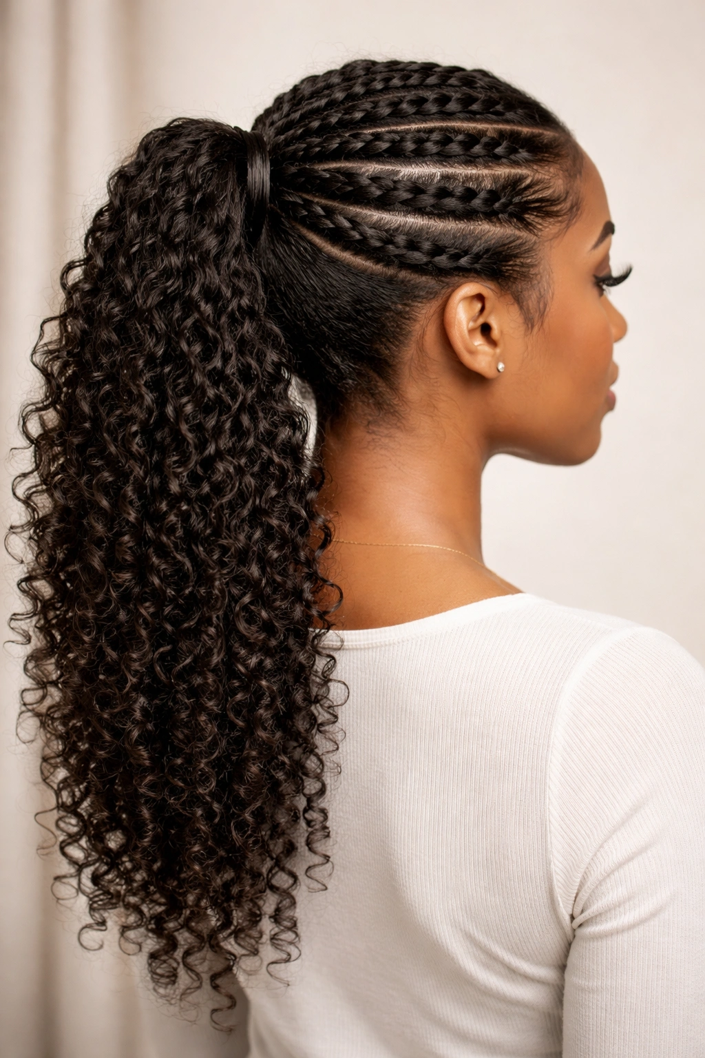 Half-up flat twists gathered into a ponytail with loose hair