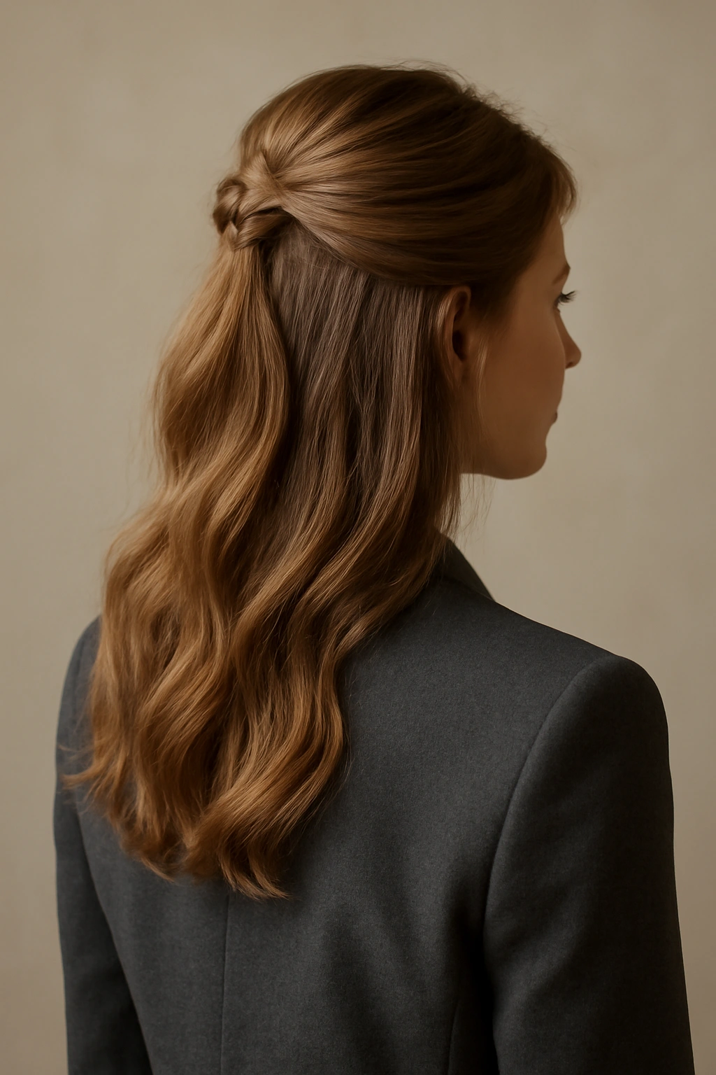 10 Hairstyles That Instantly Elevate Any Blazer Outfit 9 Half-up half-down hairstyle with top section secured and loose waves below against a neutral background