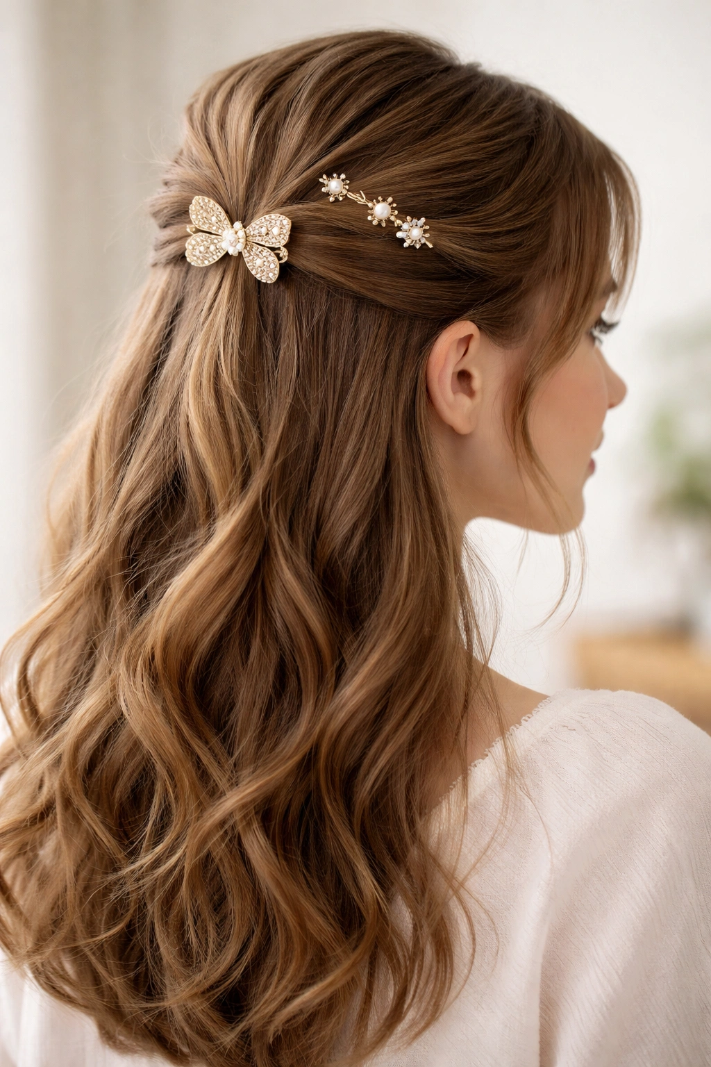 Half-up hairstyle with clips securing the top half