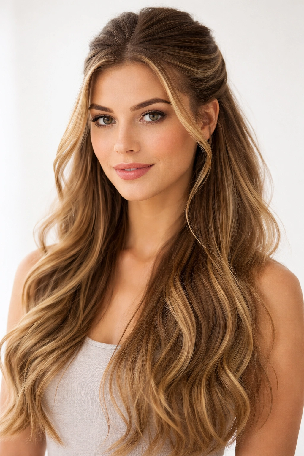 Half-up half-down hairstyle with top pulled back and loose lower hair