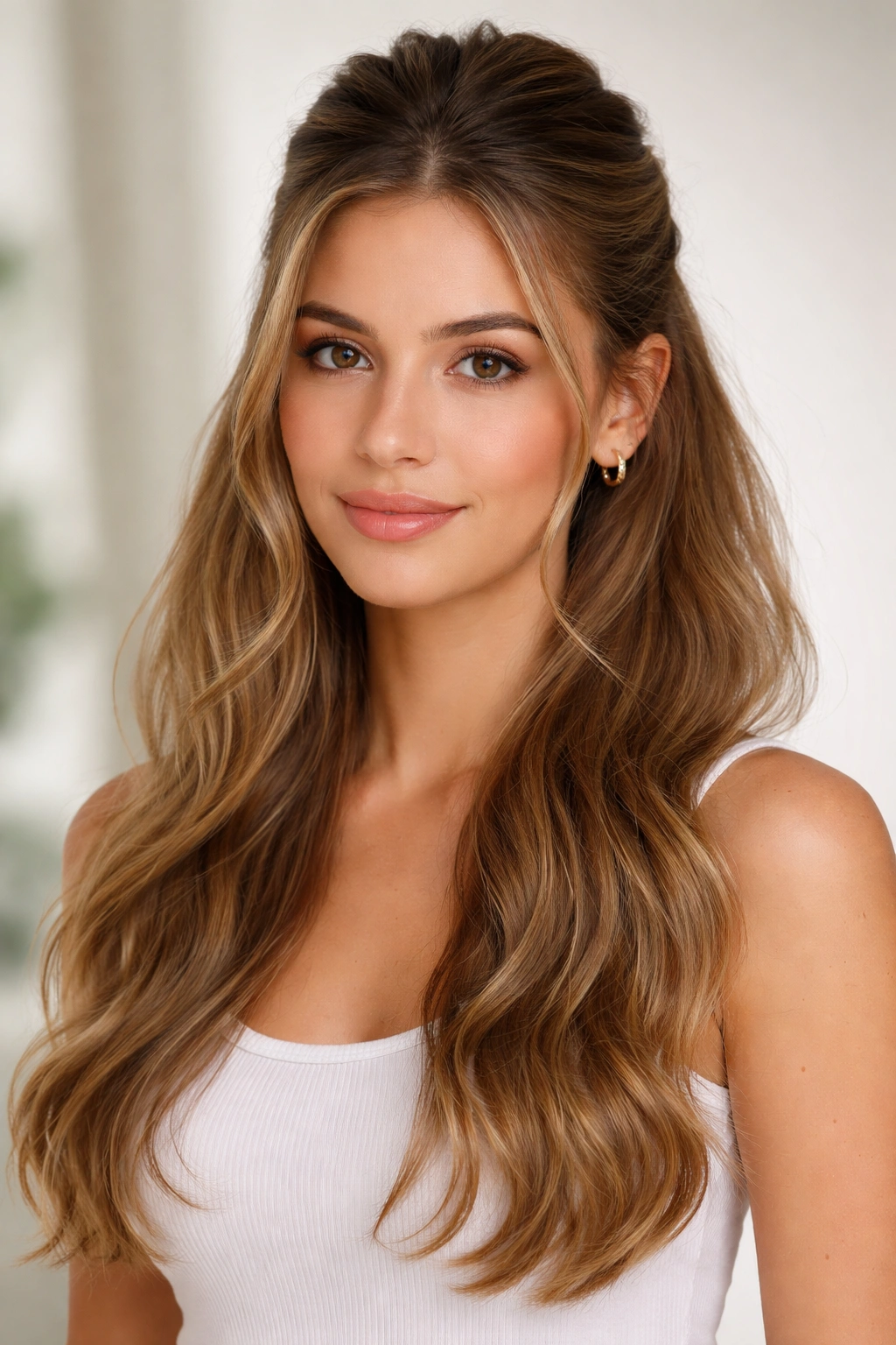 Close-up of half-up, half-down hairstyle with top section secured at the crown and bottom flowing.