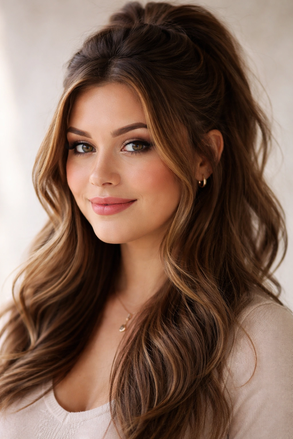 12 Hairstyles Perfectly Suited To A Round Face 8 Portrait of a person with half-up hairstyle showing lifted crown and loose waves