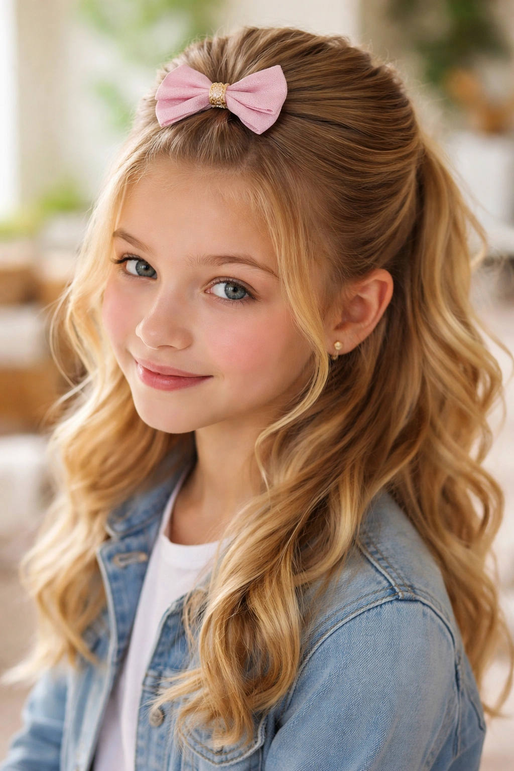 Close-up of a young girl's half-up hairstyle with a decorative bow