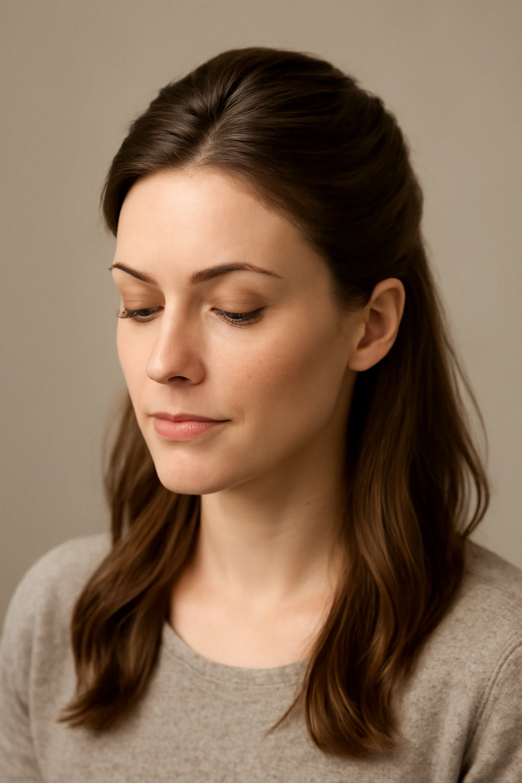 Close-up portrait of a person with a half-up hairstyle in a neutral studio setting