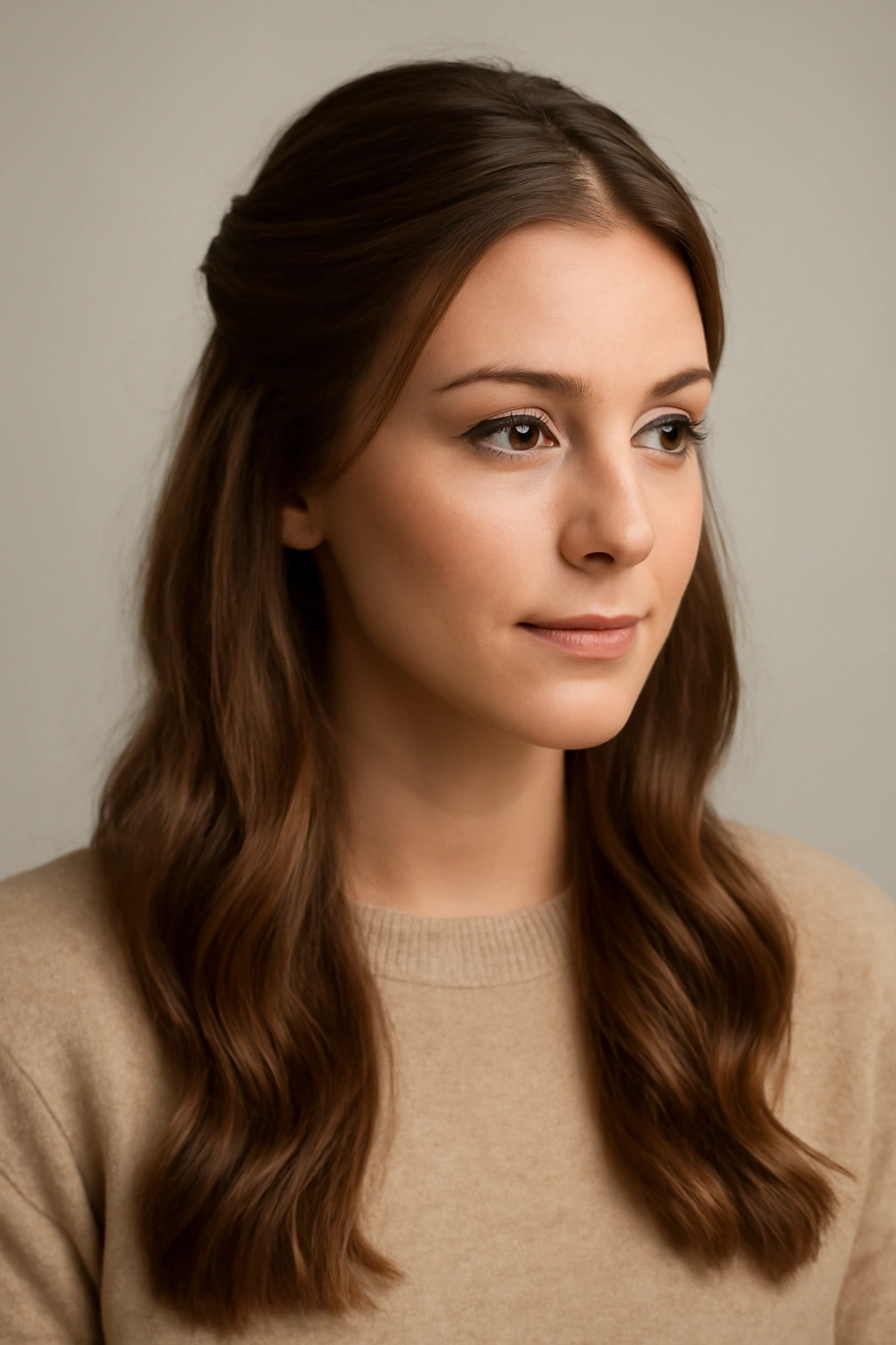 12 Easy Half Up Hairstyles for Work or Weekends 13 Close-up of a polished half-up hairstyle on a model with a neatly secured top section and flowing waves, studio lighting.