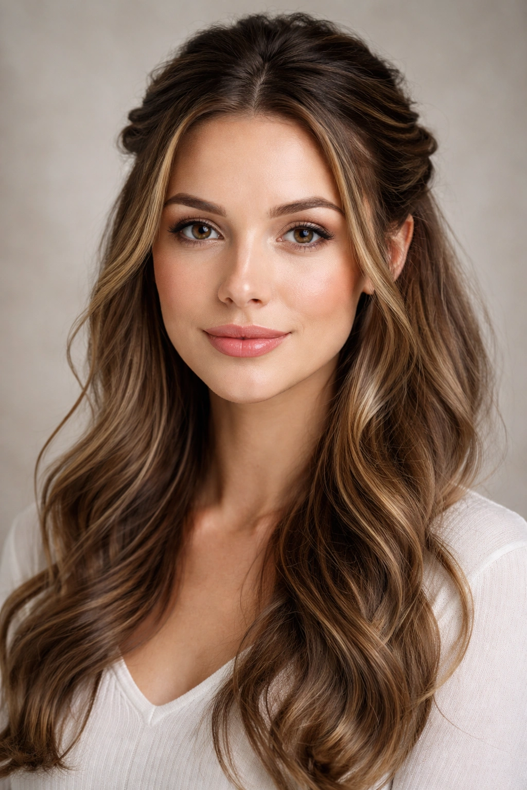 Close-up of a half-up, half-down hairstyle with twisted details on an oval-face portrait