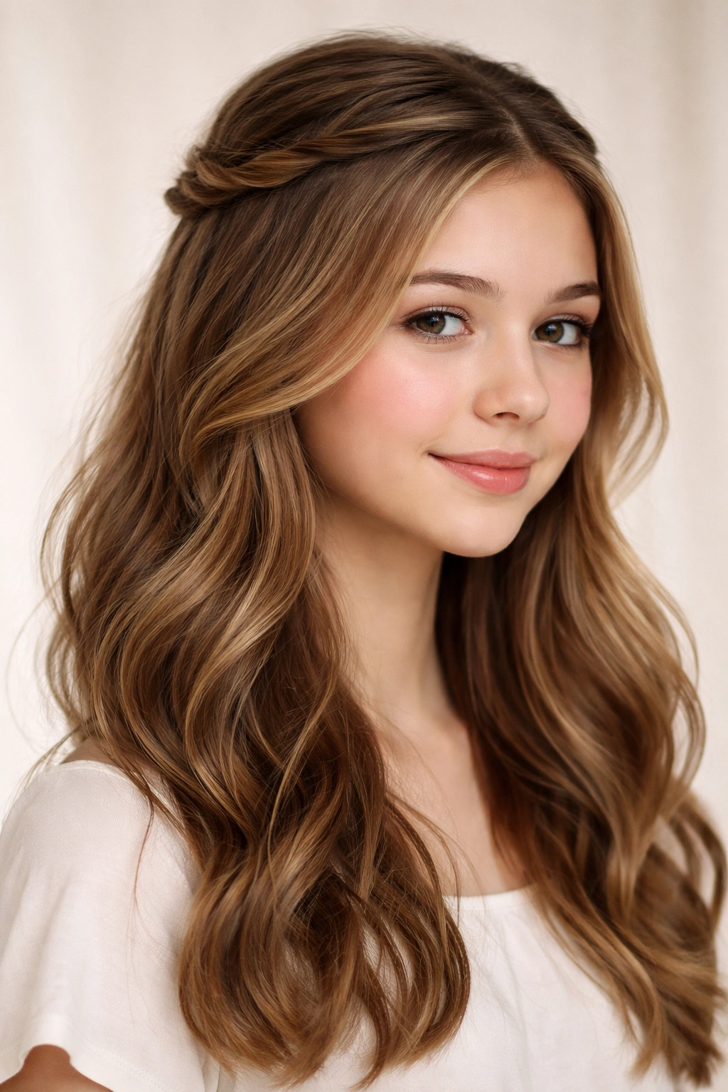 Half-up twisted crown hairstyle on teen.