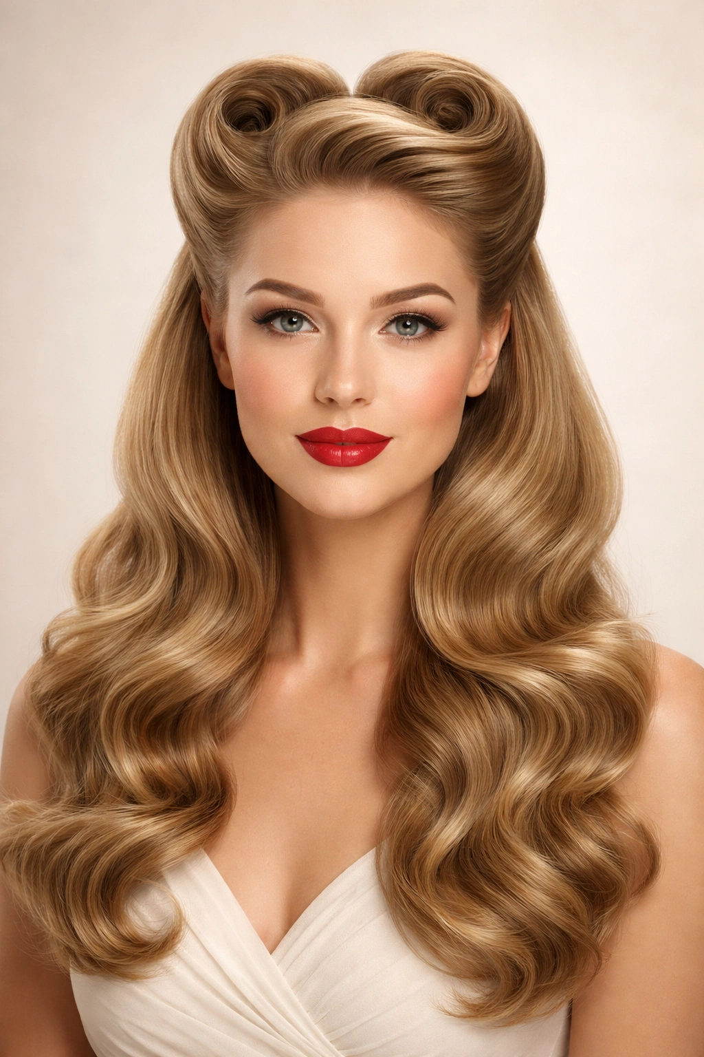 Half-up half-down hairstyle from the 1940s with top volume and flowing bottom waves