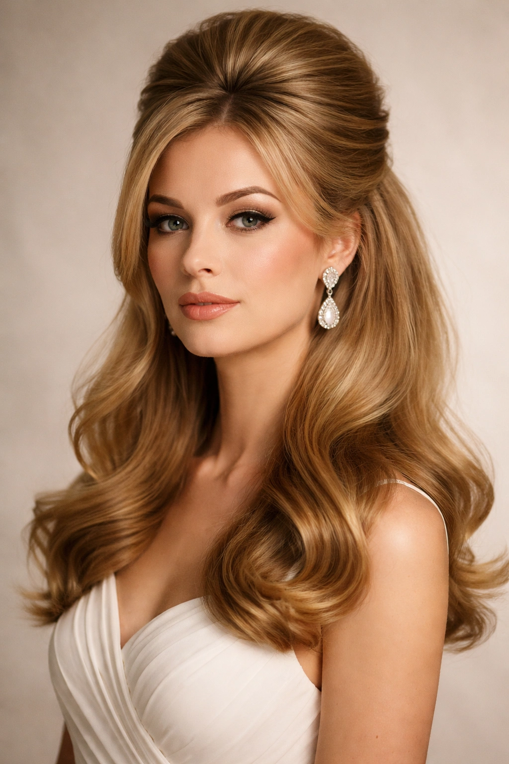 Half-up half-down hairstyle with top section secured back and flowing bottom half.