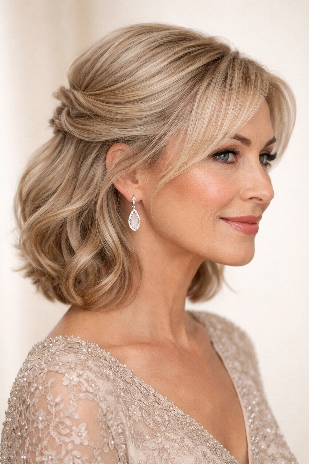 Half-Up Half-Down hairstyle on short hair with twist at crown