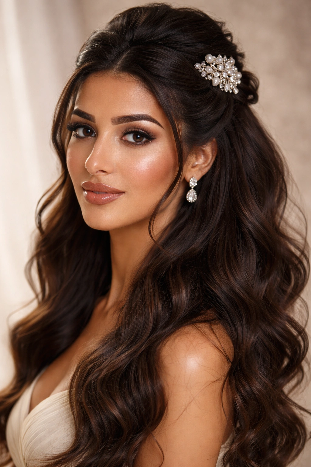 Arab woman with textured half-up half-down hairstyle and jeweled clip