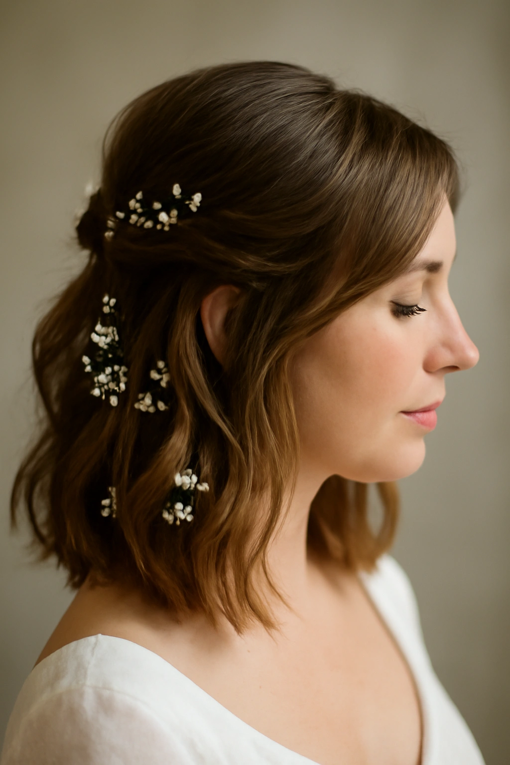 10 Wedding Hairstyles Short-Haired Brides Will Love 5 Bride with half-up half-down hairstyle adorned with baby's breath
