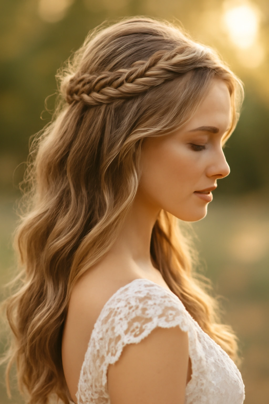Bride hairstyle half-up half-down with braided crown and loose waves