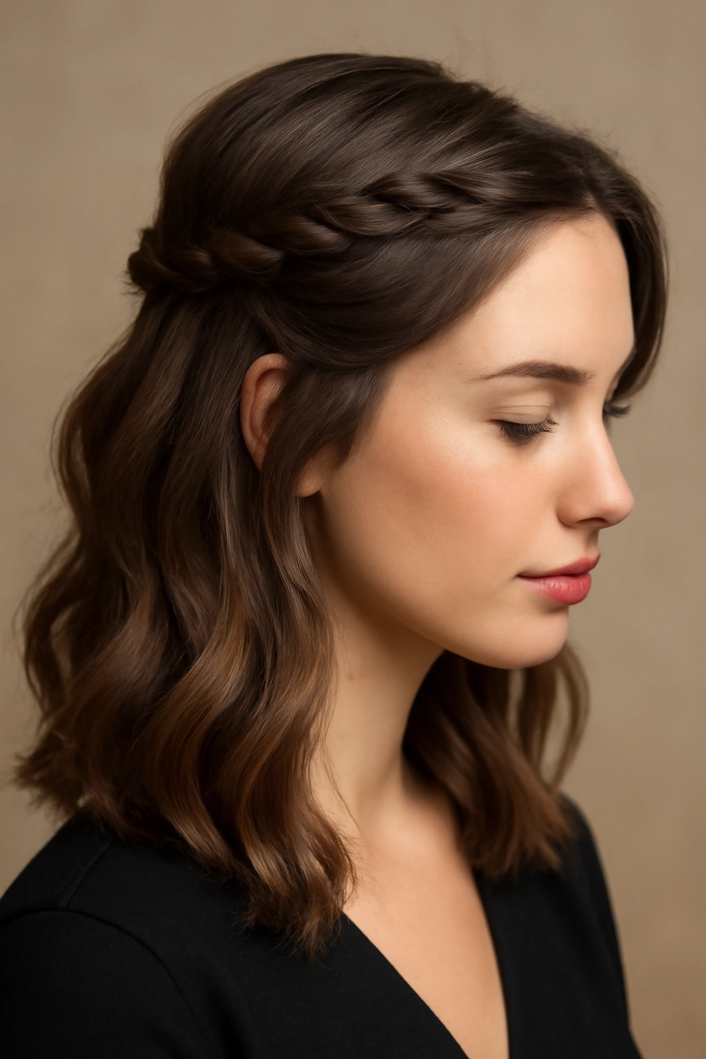 15 Formal Hairstyle Ideas Sorted by Hair Length 8 Half-up half-down hairstyle with temple twists and flowing waves.