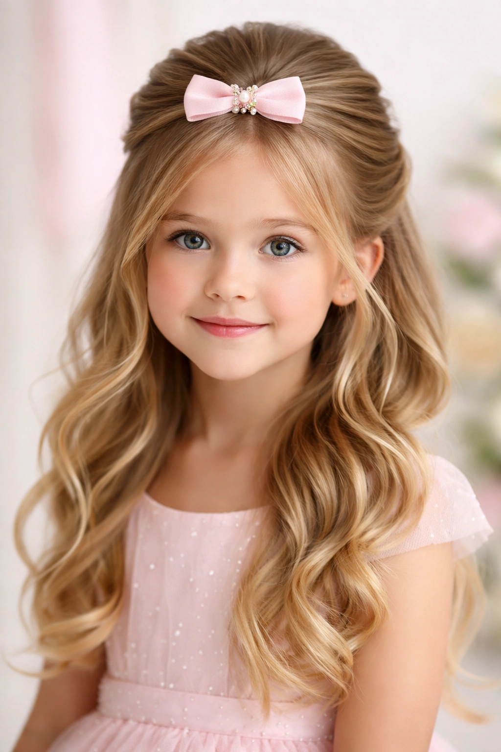 Close-up of a young girl wearing a princess-worthy half-up half-down hairstyle with a delicate clip and flowing waves